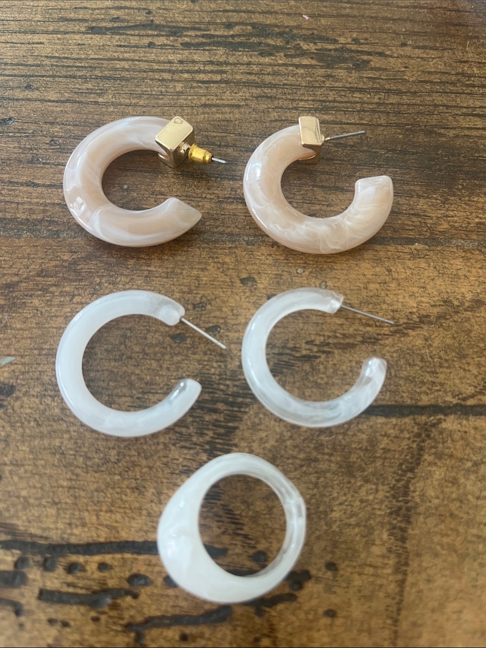 Pink Marble Hoop Earrings and Ring Set